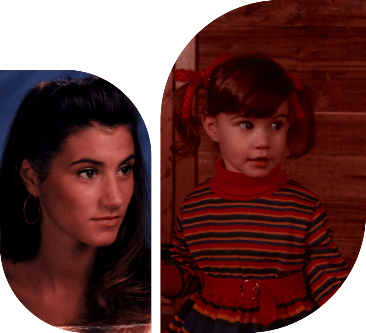 Two portraits: on the left, a storytelling author with long dark hair and hoop earrings; on the right, a young girl with brown hair in pigtails wearing a striped dress.